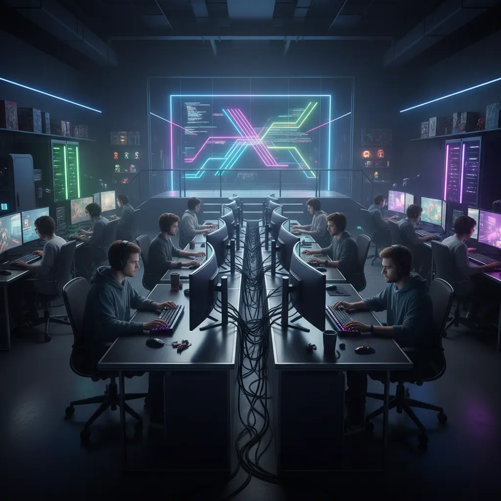 Game developers in dark studio